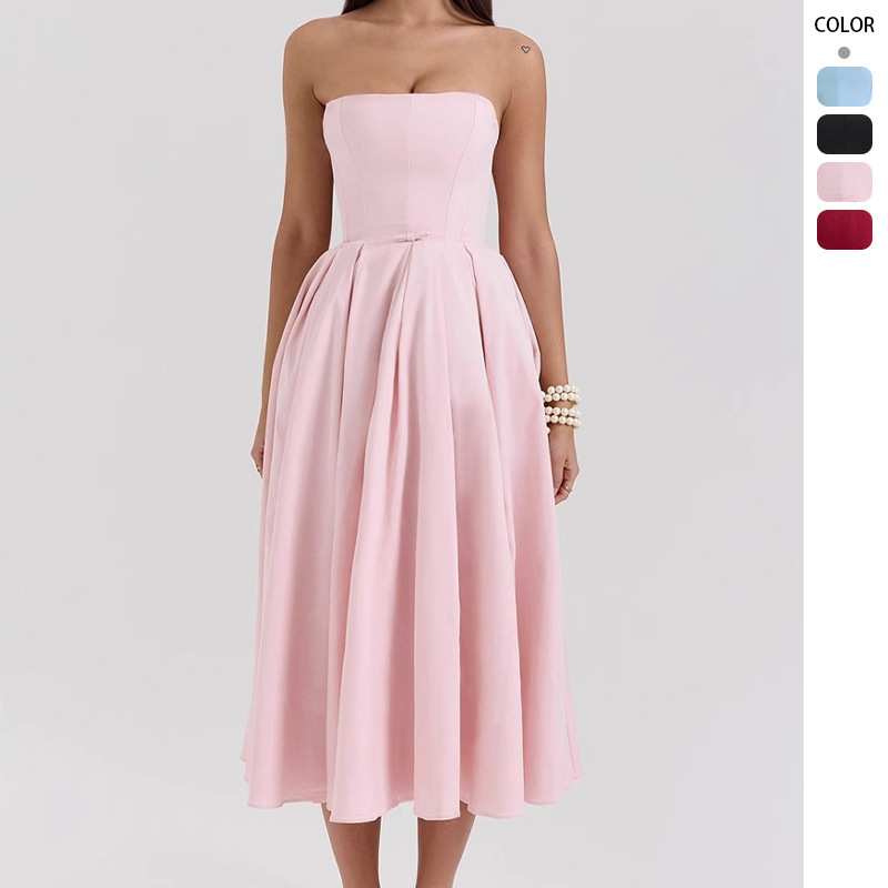 Sexy Women's Summer Wear, High-End Fishbone Tube Top Dress, Pure Lust Style Hot Girl Slim Backless Mid-Length Skirt