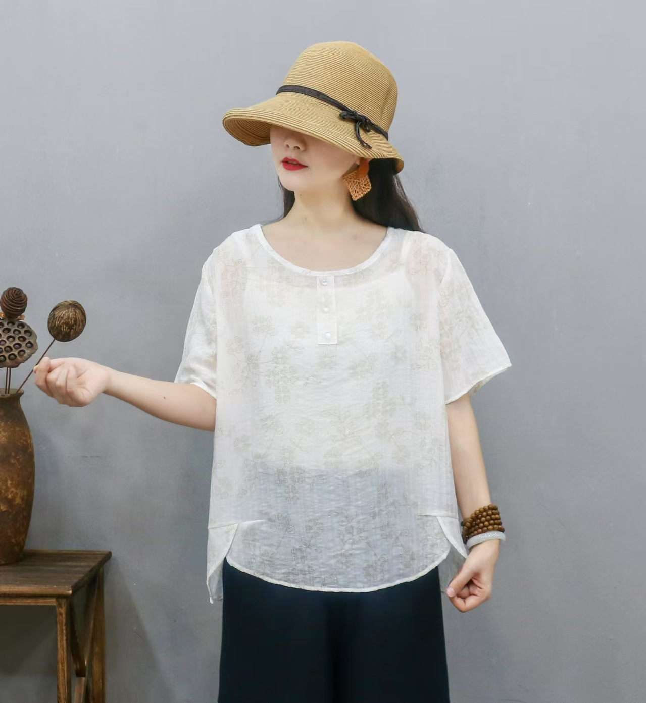 Transfronterizo 2025 primavera y verano nueva camiseta de mujer china impresa de manga corta camiseta de mujer de verano collar redondo literatura y arte image 6