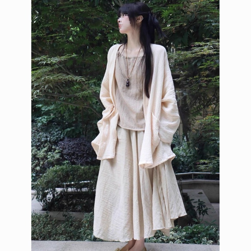 New Chinese Style Outfit Set for Women, Spring and Autumn Jacket with Suspender Skirt, Three-Piece Cotton and Linen Zen Tea Suit, Buddhist Zen Suit