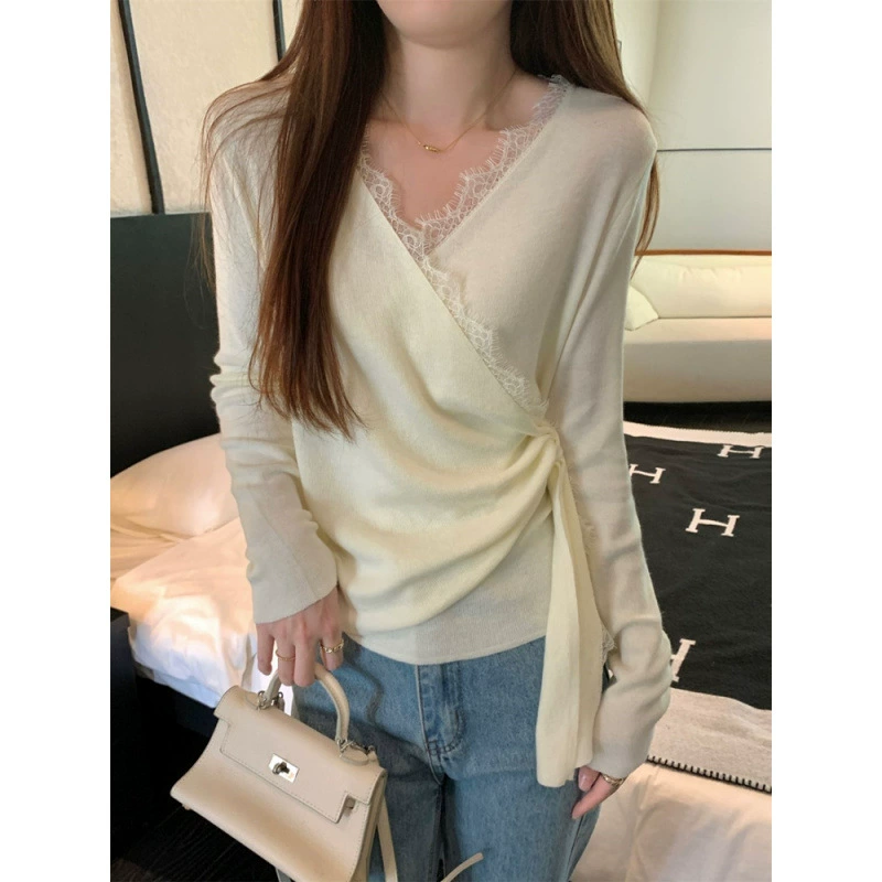 NUNBAI Demi-season lace small design knitted long-sleeve, Korean style, trend of season
