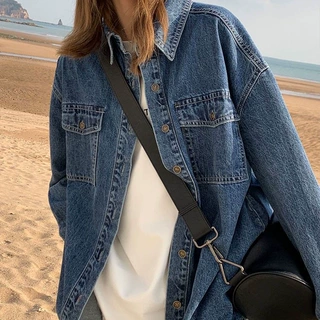 复古水洗牛仔衬衫女春秋新款长袖牛仔衬衣女宽松显瘦百搭牛仔外套