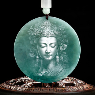 Natural A goods jade blue water shadow carving Buddha statue Guanyin Bodhisattva ice jade pendant men's and women's pendant jade pendant