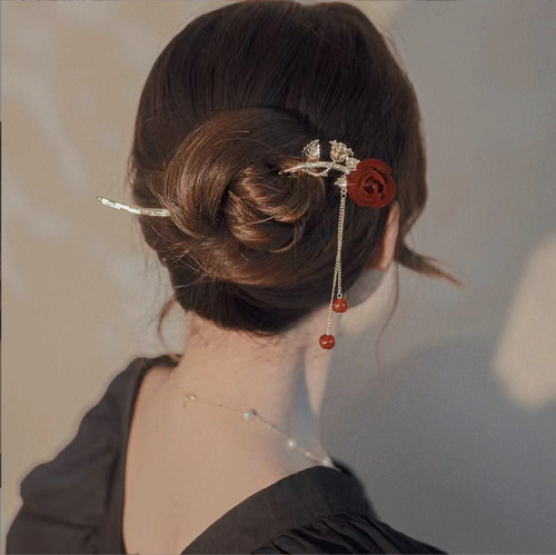 Temperament Chinese style rose hairpin, ancient style exquisite tassel hairpin, French retro Hanfu bridal hairpin, hairpin