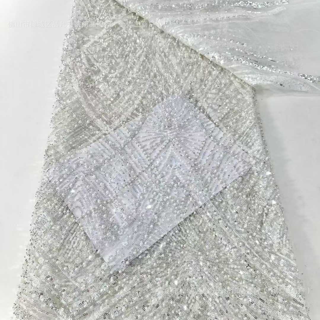 Tejido de bordado de tubo de cuentas Tejido de abalorios de malla Tejido de vestido de novia de mujer de lujo ligero de alta calidad europeo y americano
