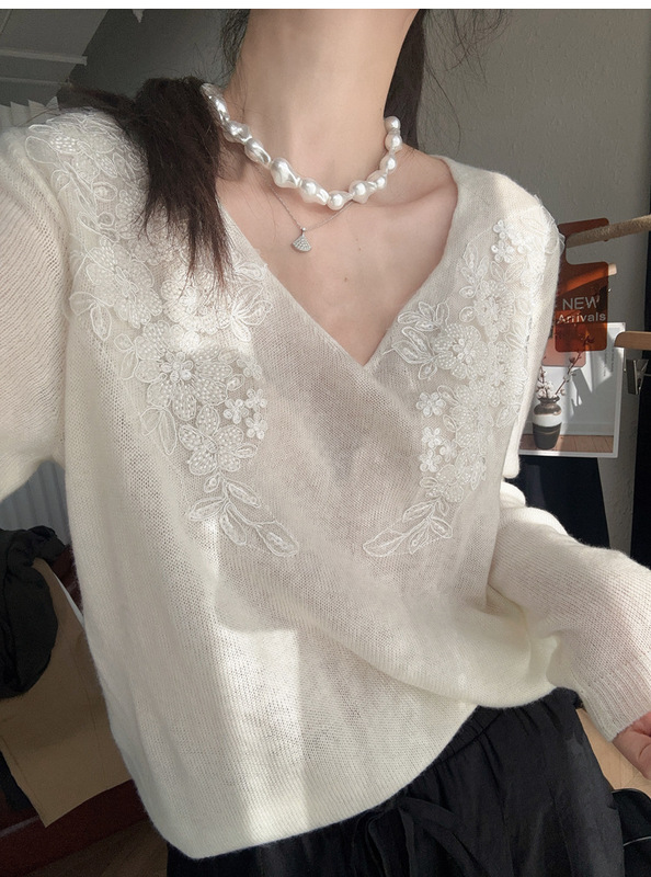 超仙美！重工盘绣钉珠羊绒羊毛衫法式V领宽松针织套衫上衣女早秋|undefined