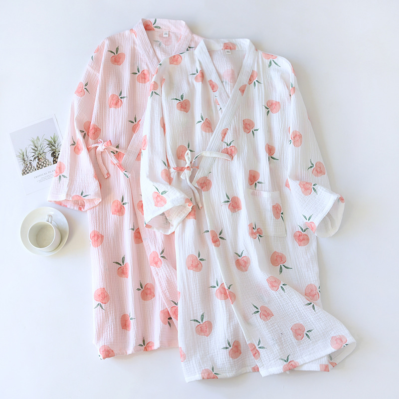 Japanese Style Kimono Nightgown Women's Spring and Autumn Cotton Gauze Soft Breathable Long Pajamas Bathrobe Loose Lace-Up Nightgown