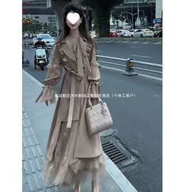 韩系秋冬风衣时尚轻奢女装感连衣裙蕾丝拼接收腰大衣裙休闲外套女