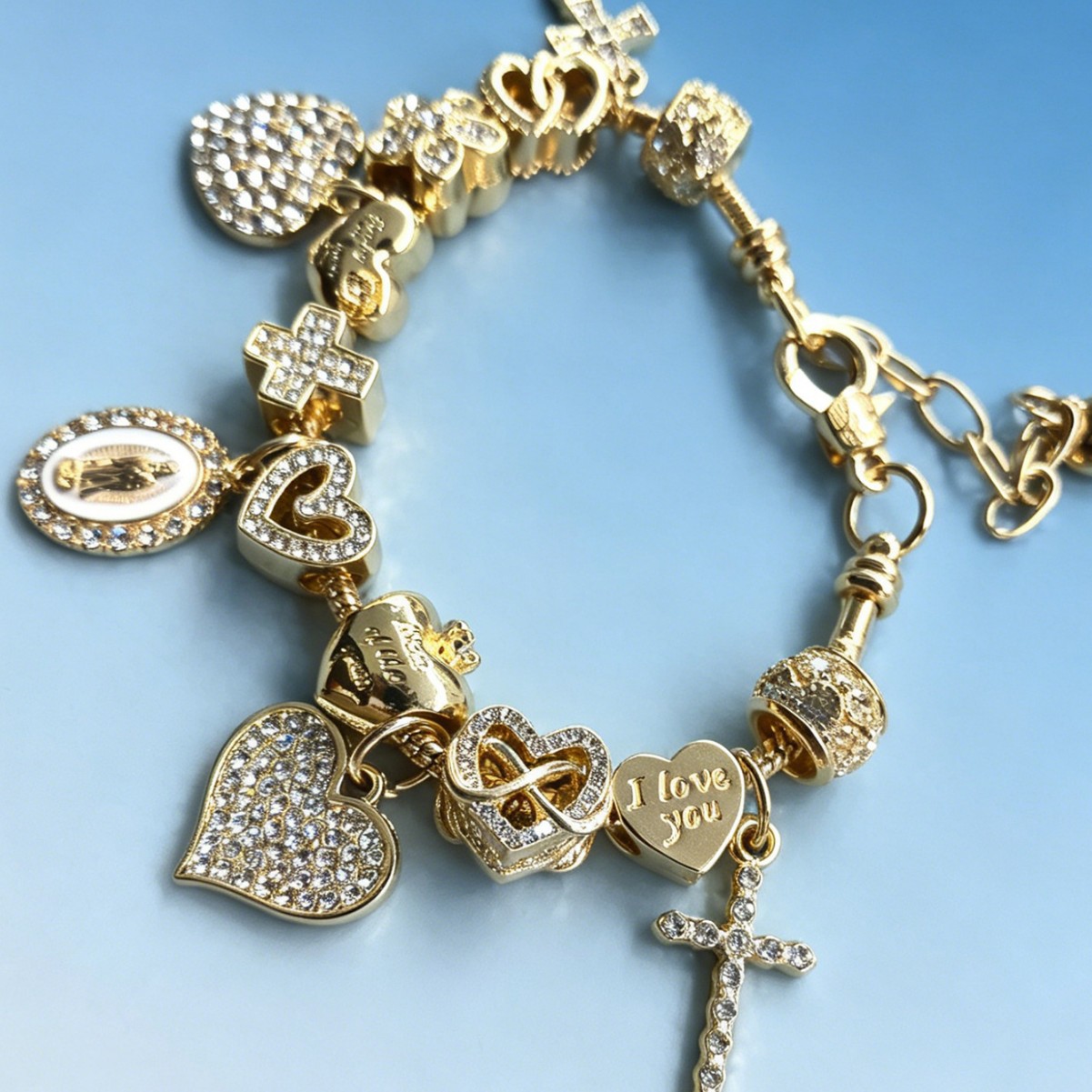Panjia brazalete DIY explosión transfronteriza ajustable pulsera de lujo diamante cruz amor joyas colgante flor