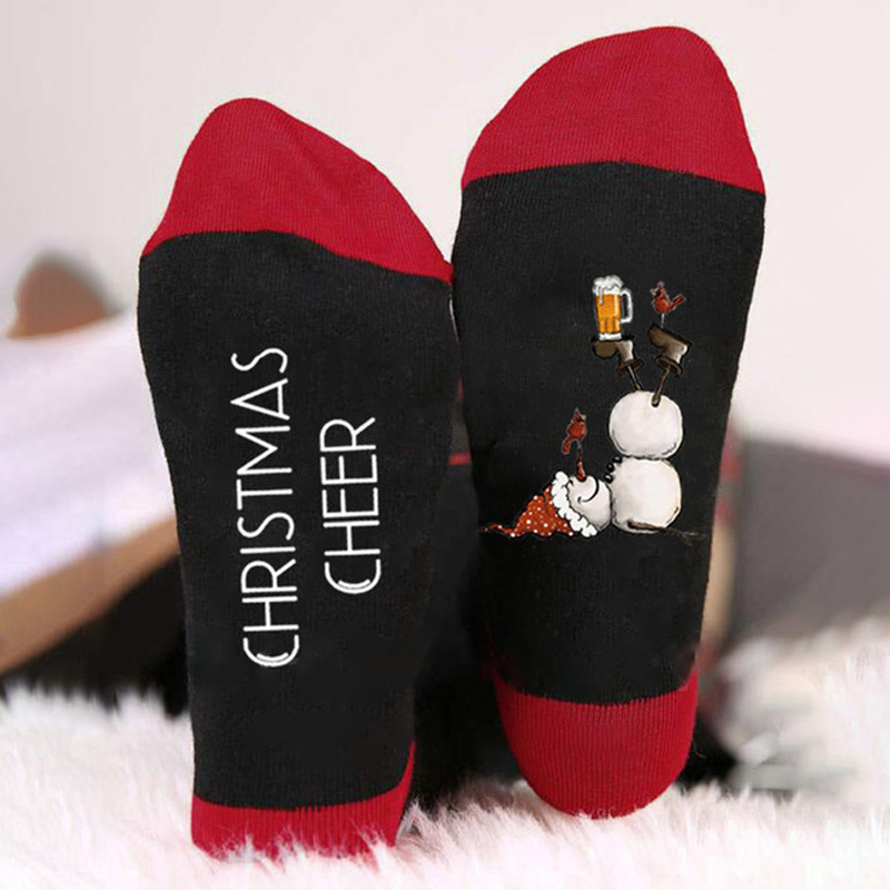 Calcetines navideños con letras de colores en contraste, estampado de muñeco de nieve, calcetines unisex de algodón con elementos navideños para comercio exterior.