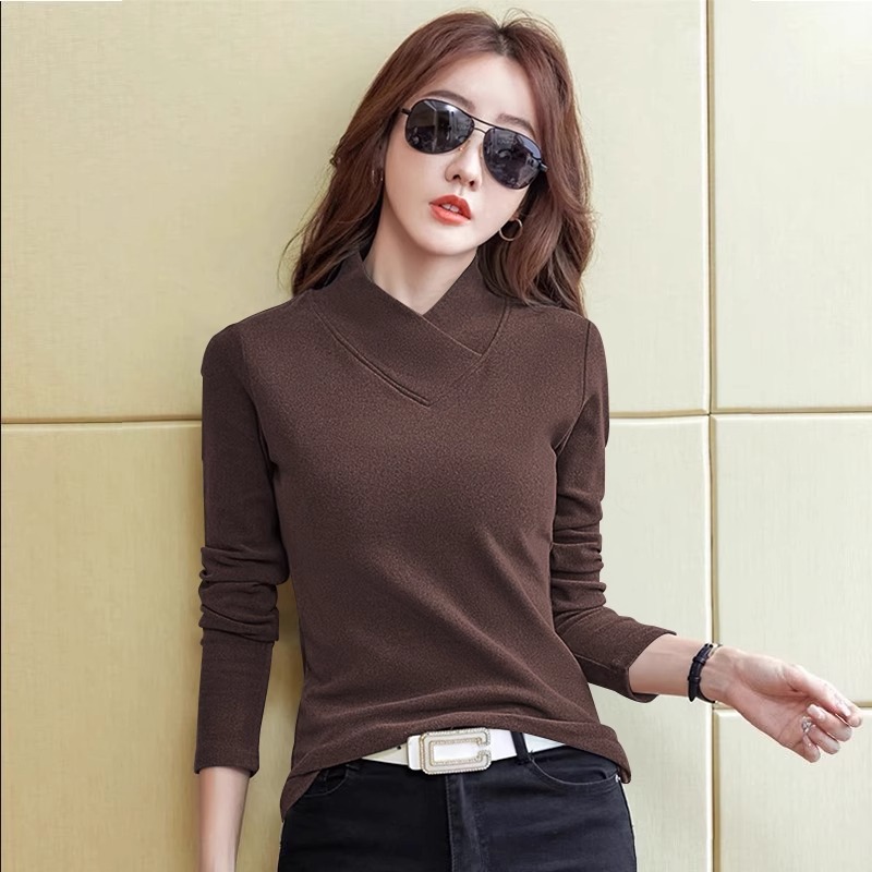 Chic And Youthful Design Cross-Collar Half-High Neck German Fleece Long-Sleeve Base Shirt, Versatile Autumn And Winter I_ecoleips.com