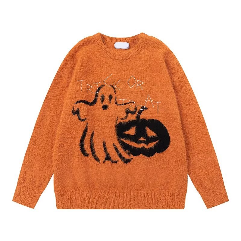 Autumn and Winter Halloween Ghost Pumpkin Print Sweater, Unisex, Loose and Lazy Style, Round Neck Knitwear