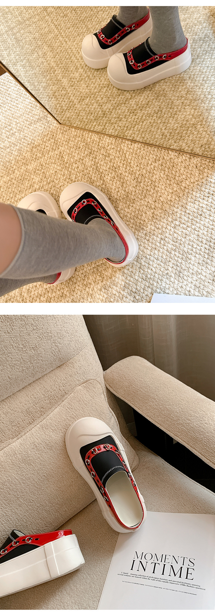 Giày sneaker nữ đế dày mũi to slip-on da thật phối màu — màu đen, màu trắng chi tiết 8