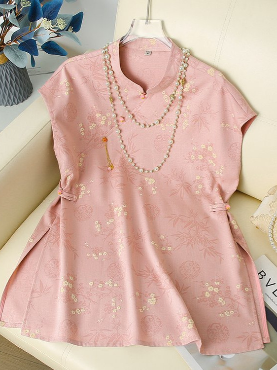 新しい中国風の女性のラミー文学レトロトップ夏のミドル丈半袖Tシャツ西洋スタイルの年齢を減らすシャツ|undefined