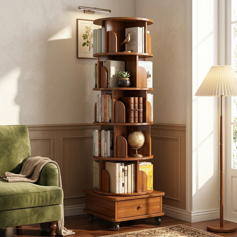 Rotating bookshelf from natural wood, bookcase, simple stand, book with pictures, storage system
