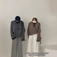 25早秋新款女装 韩版条纹棉慵懒风宽松显瘦小三角圆领条纹卫衣女