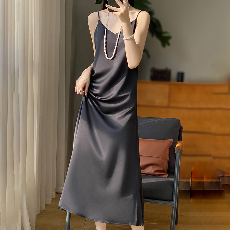 Sexy Gentle Silk Sling dress Women's High-end Summer Black Sling Dress Acetic Satin Silk Long Dress