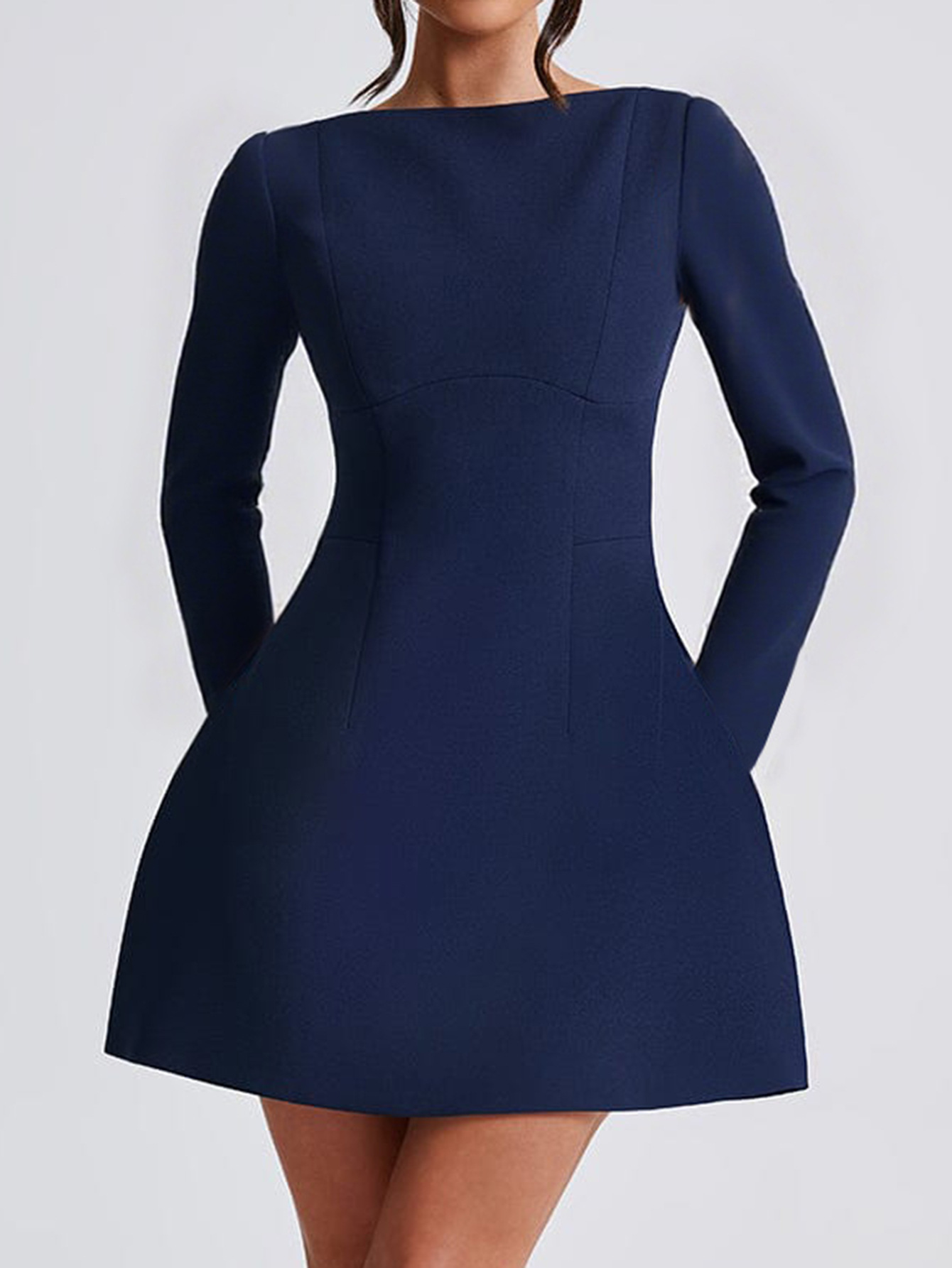 Women's Elegant Long-Sleeve Mini Solid Color Dress