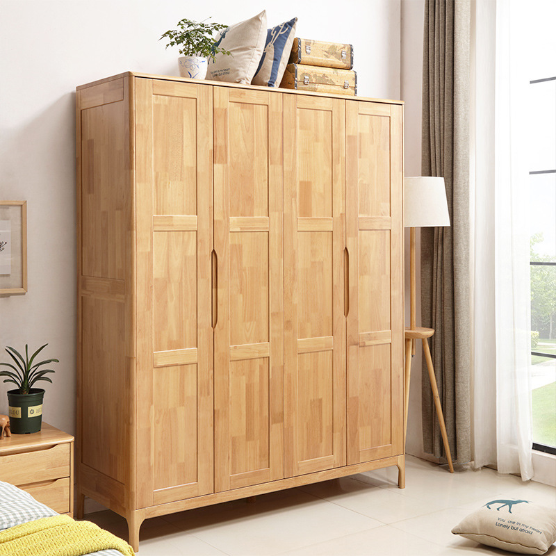 Nordic Solid Wood Wardrobe Modern Minimalist with Top Cabinet for Bedroom Home Use, Small Apartment 2 Four-Door with Legs