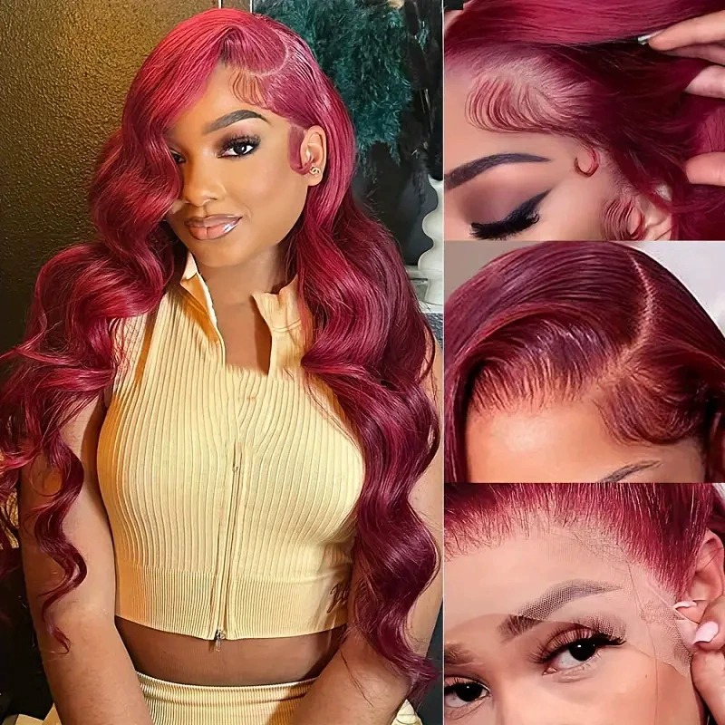 Pelucina de encaje frontal, pelucina de encaje frontal, pelucina de encaje para mujeres, gran onda de vino rojo, cabello rizado largo, cubierta de cabeza completa natural