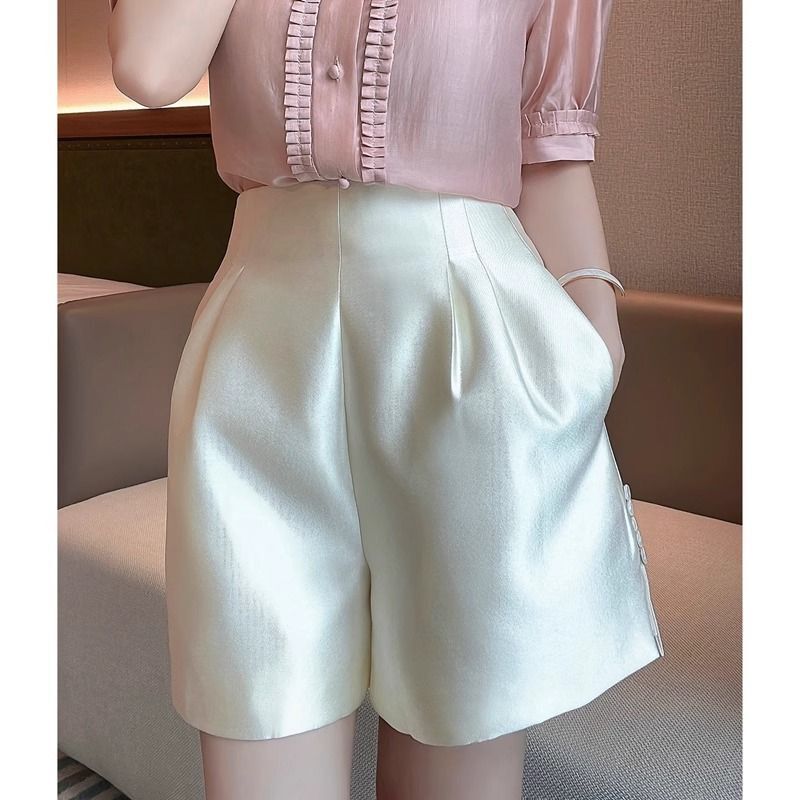 High-End Satin Shorts for Women, Summer New Fashion Versatile Slimming Long-Leg High-Waisted Wide-Leg Casual Shorts