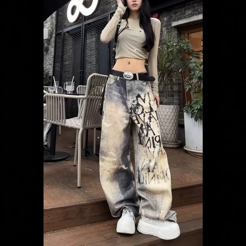 Джинсы, осенние брюки, градиент, свободная посадка, oversize, облегающие