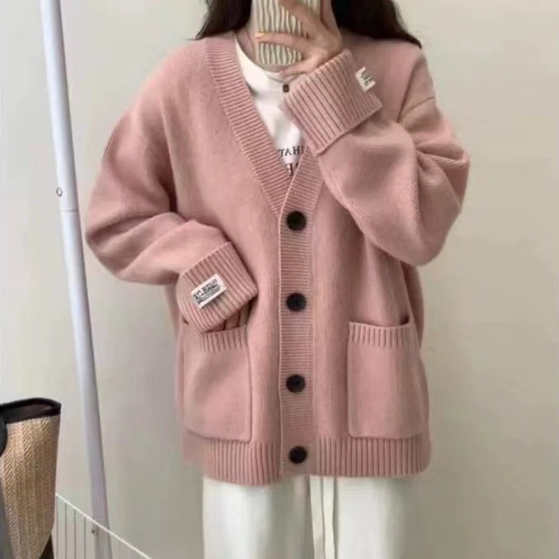 韩版复古V领针织开衫女秋冬新款宽松卷边袖贴布口袋软糯毛衣外套|undefined