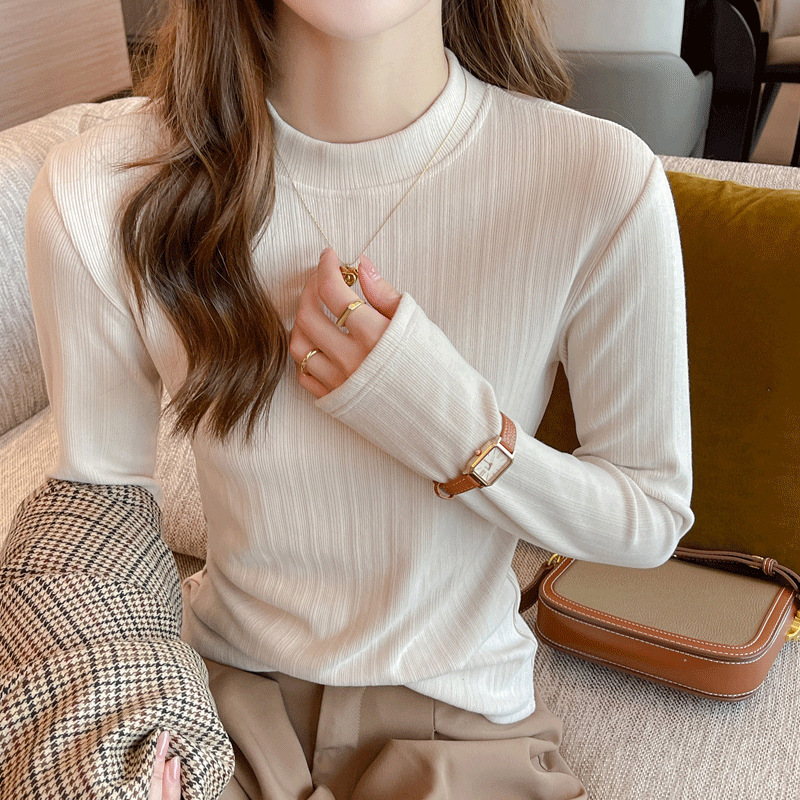 Strictly Selected Small Collar Coconut Fleece Base Shirt Women's Autumn and Winter Sanding Inner Slim-fit Middle Collar Long-sleeved Top Outer Wear T-shirt