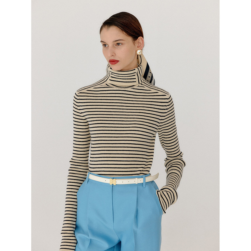 Korean Niche Turtleneck Knitwear Women's Pullover Stripesd Long-Sleeved Slim Wool Bottoming Shirt Korean Style Early Autumn New Style