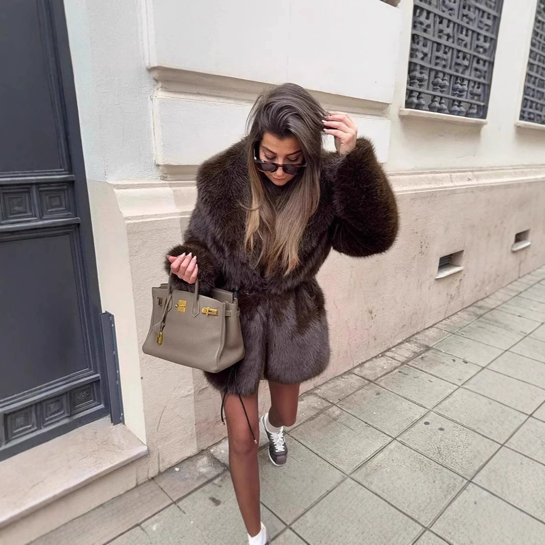 Amazon AliExpress Европейские и американские трансграничные осенние и зимние имитационные меховые куртки женские средние и длинные лисы шерстяное пальто