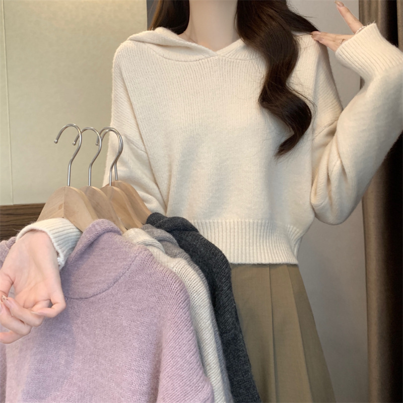简约休闲软糯连帽毛衣女秋冬款韩版慵懒风宽松显瘦针织套头衫上衣|undefined