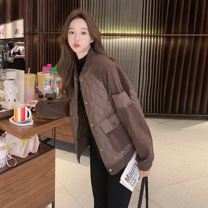 Ropa de algodón de empalme de diamante coreana para mujeres 2023 otoño y invierno nuevo abrigo de algodón caliente original de cuello redondo de diamante para mujeres