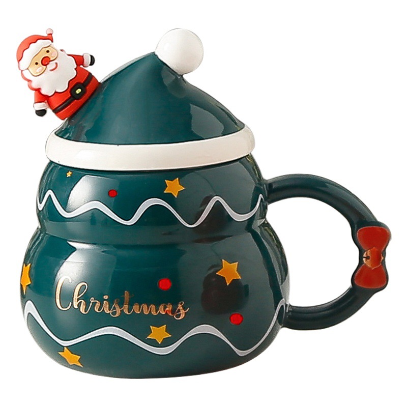 Taza de cerámica de Navidad creativa con tapa cuchara nuevo transfronterizo de dibujos animados de Santa Claus taza de agua taza de regalo caja de regalo