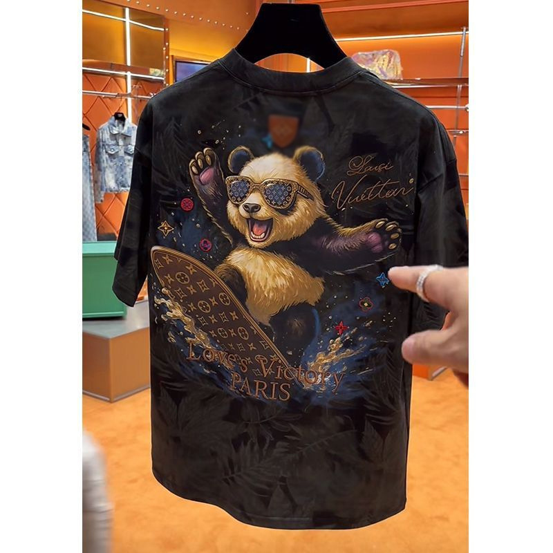 Short-Sleeved American Old Money Style Heavy-Duty Normcore Supreme Skateboard Bear Popular Embroidery Craft Short-Sleeved Korean Style Top for Men