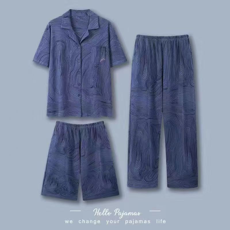 【12,000 People】Men's Three-Piece Pajama Set Summer Short-Sleeved Shorts Long Pants Loungewear Men's Casual Antibacterial