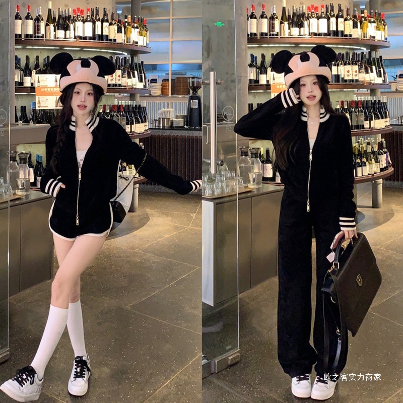 实拍实价~女明星私服miu yb定染柔软天鹅绒运动服套装