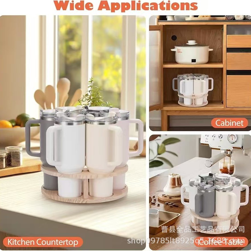 Estante de botella de agua de madera, encimera, soporte de almacenamiento de taza de agua giratoria, soporte de exhibición de base de taza de agua de rejilla múltiple, acabado de madera maciza