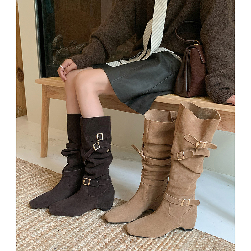 The Style Is Beautiful~! Lazy Style, Height-Increasing Knee-High Boots, High Boots, Frosted Pile Boots, Women's Slimming Look Wedge Boots