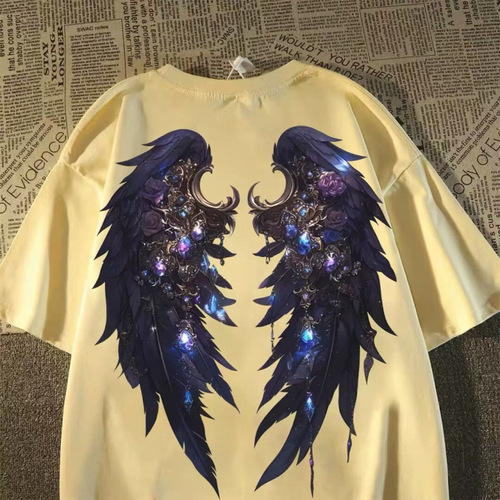 Summer unisex kids American retro dark wings print t-shirts for big kids oversize streetwear tops