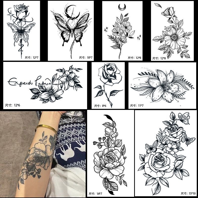 Hot-Selling Minimalist Flower Tattoo Stickers, Herbal Semi-Permanent Waterproof High-End Personalized Flower Arm Tattoos for Men and Women, Realistic Tattoo Designs