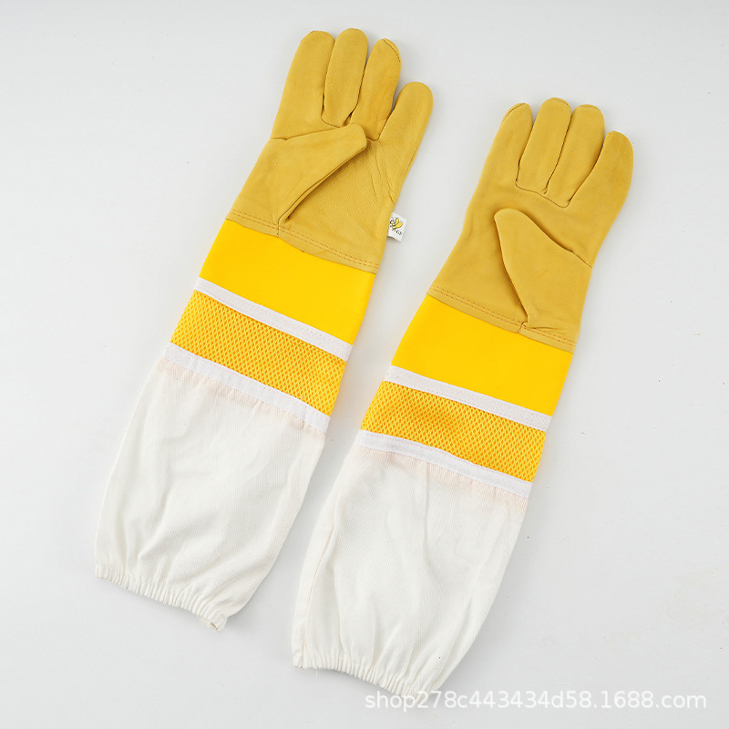 黄皮黄中网中皮防护手套美式透气手套金黄色防蜂手套防蛰羊皮手套