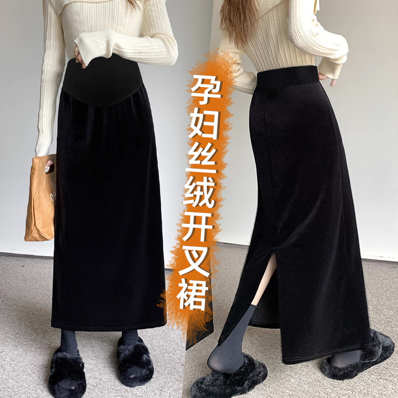 Tmall quality autumn and winter all-match high quality velvet split pregnant women retro A- line skirt loose belly support lengthened dress Tmall quality autumn and winter all-match high quality velvet split pregnant women retro A- line skirt loose belly support lengthened dress