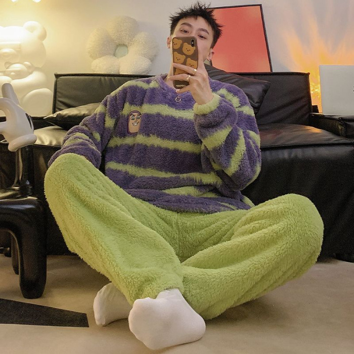 Hombres otoño invierno coral veludo pijama juvenil cuello redondo dibujos animados ocio deporte grueso abrigo conjunto de ropa para el hogar