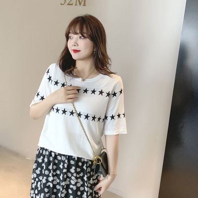 200斤大碼女裝2021夏季新款胖mm五角星圓領寬松顯瘦針織T恤女8619