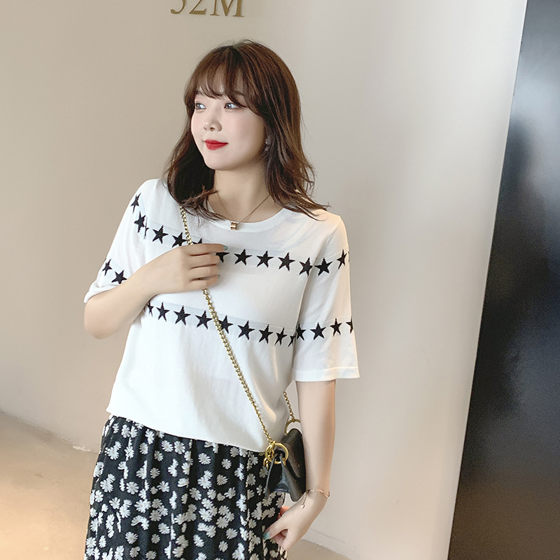 200斤大碼女裝2021夏季新款胖mm五角星圓領寬松顯瘦針織T恤女8619