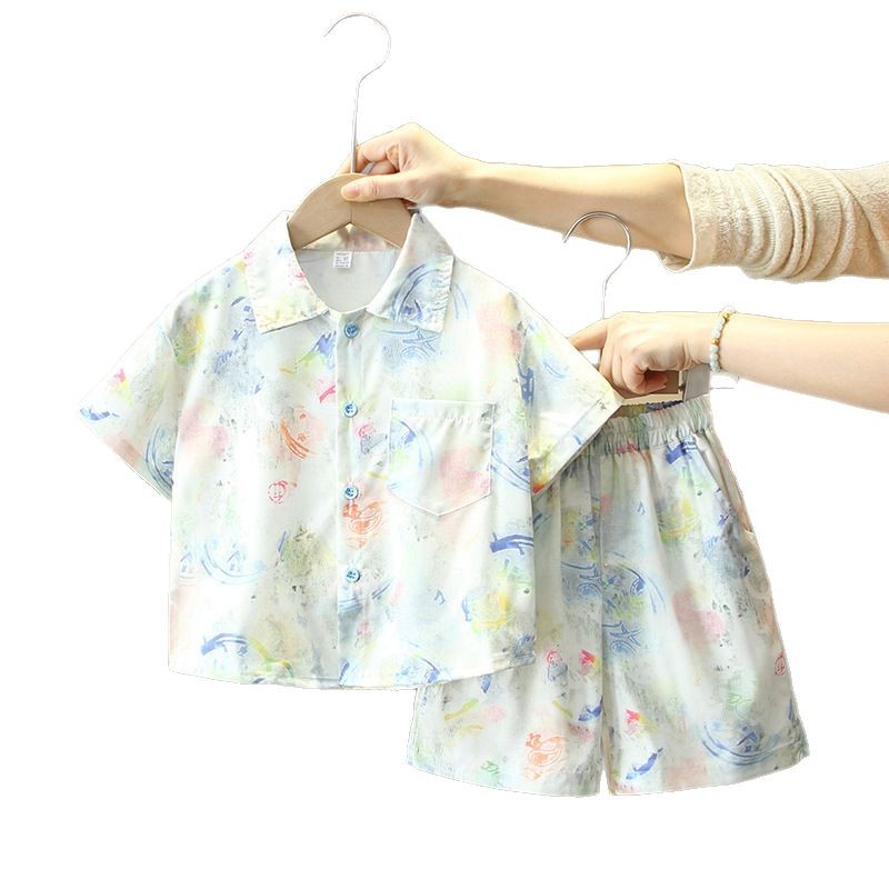 7951 Traje de manga corta de verano para niños Vestido de verano para niños 2025 Nuevo estilo Camisa de flores Ropa Traje de dos piezas de verano para bebés