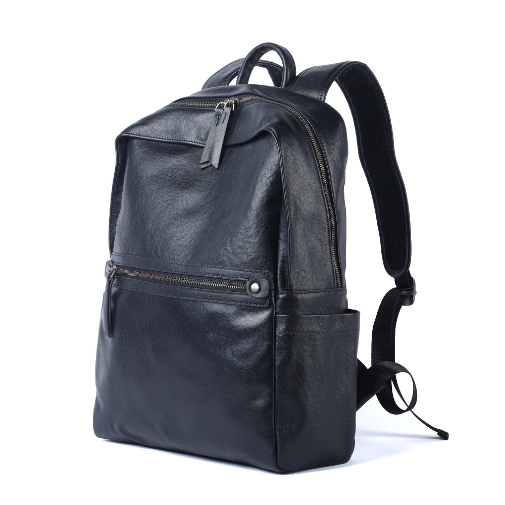 New Top Grain Cowhide Leather Backpack Laptop Bag Business Commuter Black Unisex Travel Backpack - Thumbnail 5