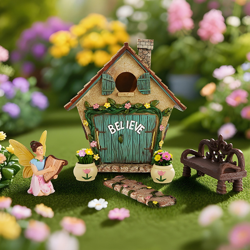   Flower House Set Resin Ornaments Micro Landscape Butterfly Girl House Courtyard Garden Landscaping Decoration