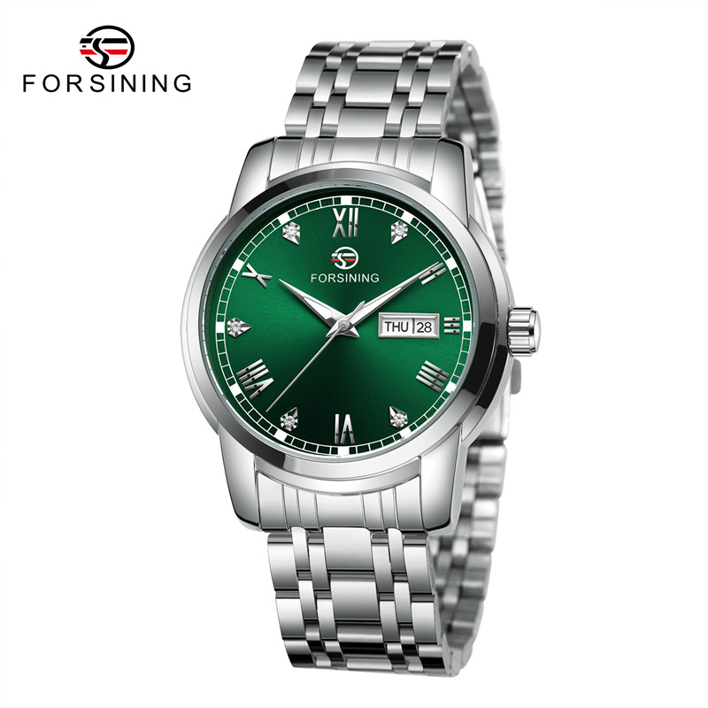 Forsining Fusini 8221 correa de acero reloj casual para hombres reloj mecánico automático calendario semana reloj