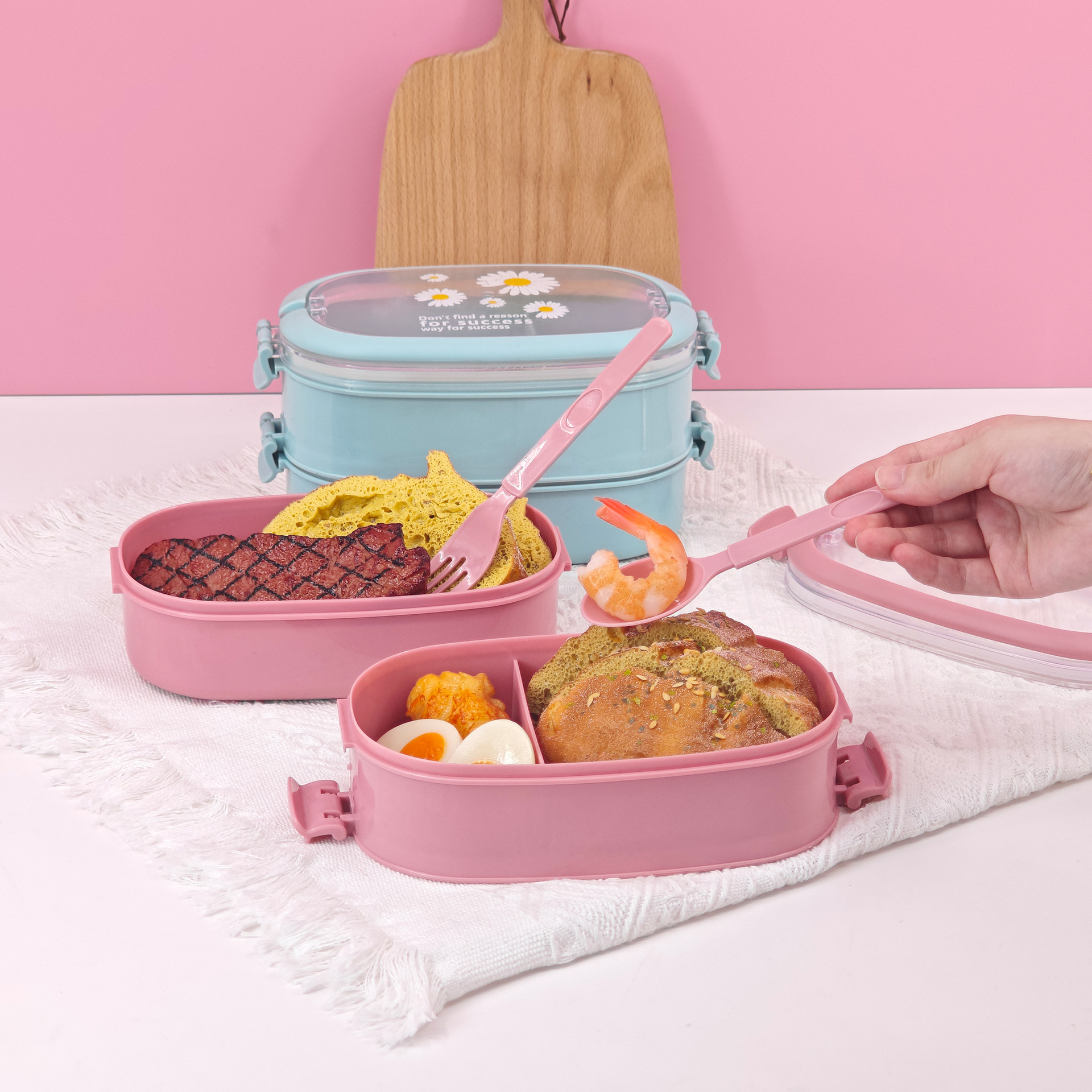 Mayorista de plástico portátil PP simple doble capa caja de comedor portátil de gran capacidad caja de bento lindas flores trituradas caja de comedor de cocina doméstica