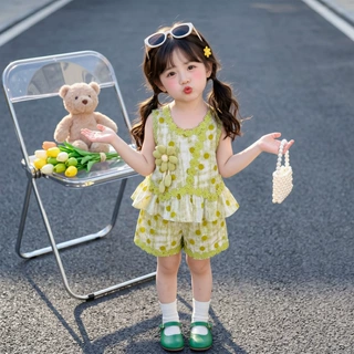 女童夏日甜美碎花连衣裙夏季女宝无袖荷叶边公主裙度假风夏款时尚